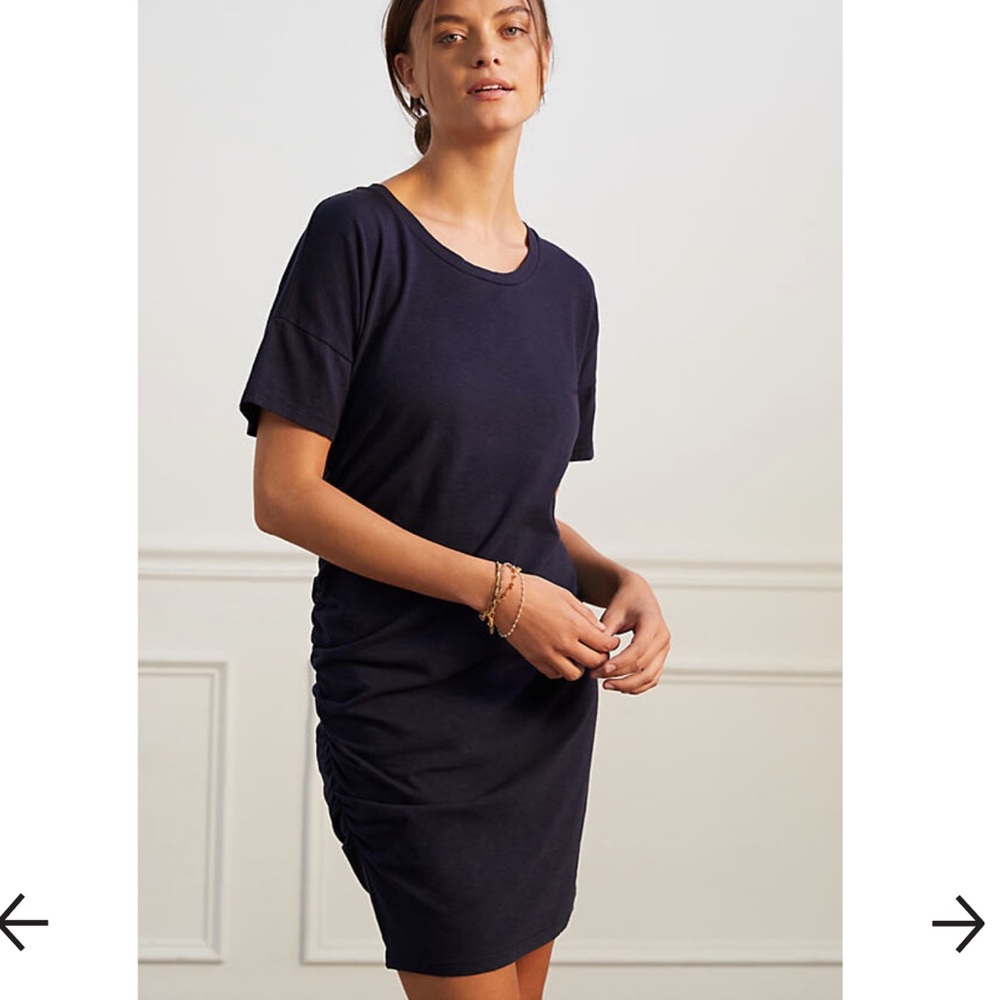 Anthropologie Sundry Navy Short Sleeve Ruched Side Mini Dress L (says 4 on tag)